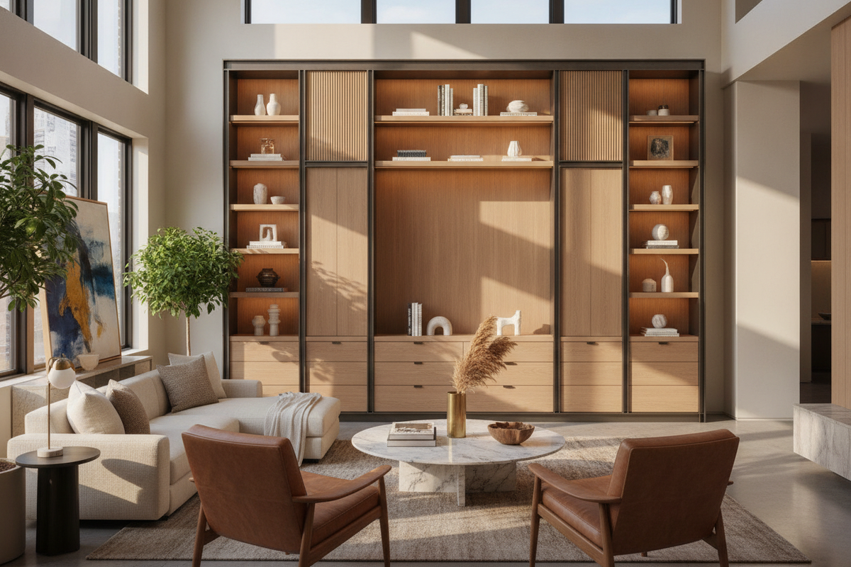Designs for Bookshelves: Architectural Profiles, Hybrid Cabinet Systems, and Interior Space Planning