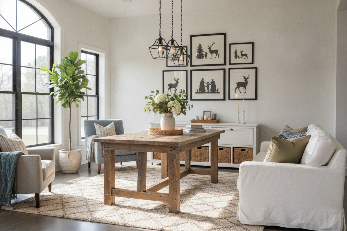 Farmhouse Table Living Room Guide: Silhouettes, Storage, and Layouts