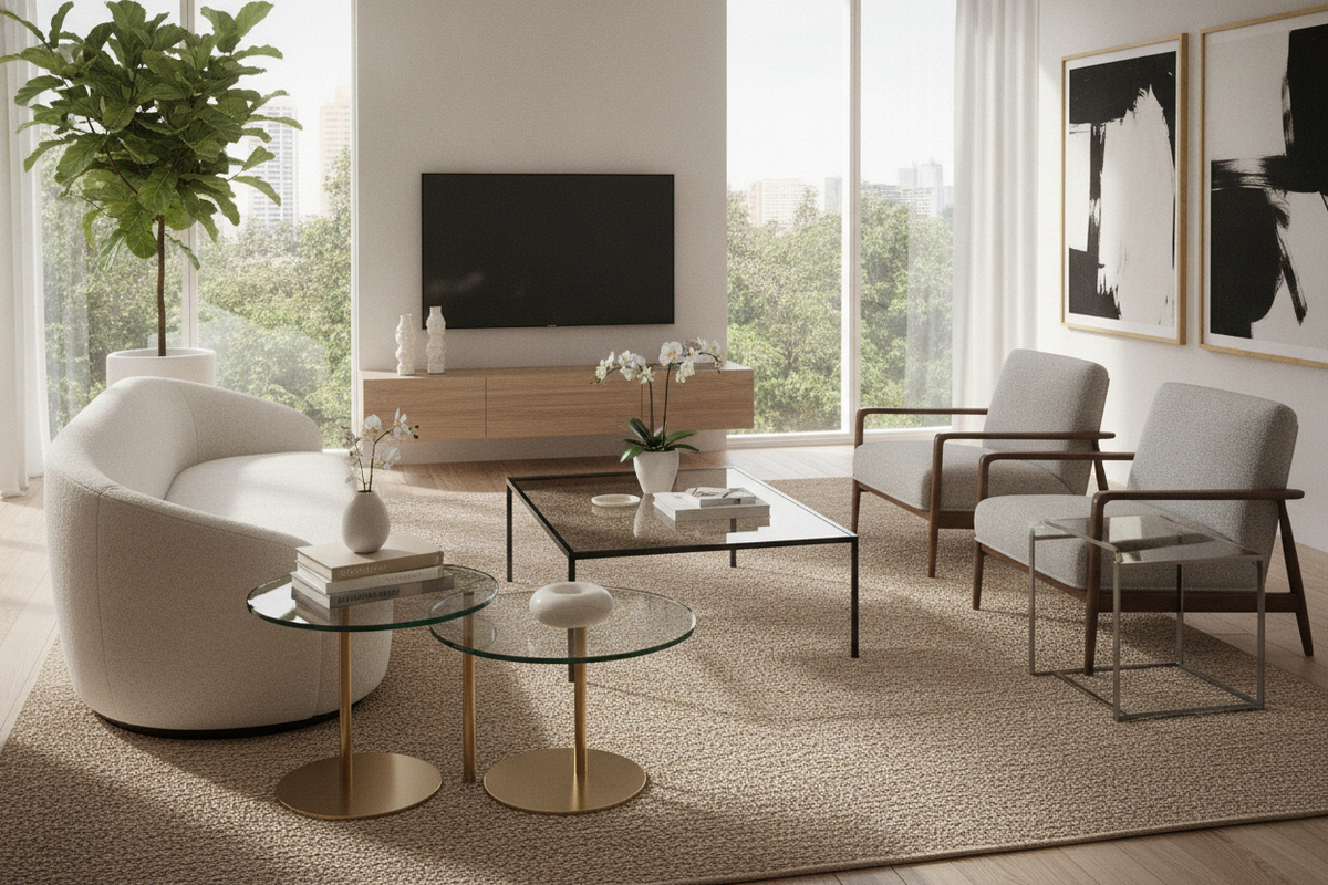 Glass Side Coffee Tables Guide: Living Room Sets, Layout Planning, and Material Pairings