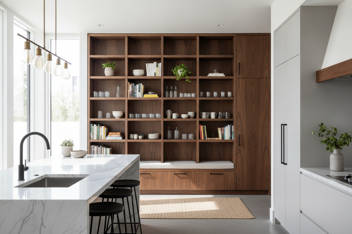 Bookcase in Kitchen Guide: Layout Ideas, Storage Zoning, and Material Durability