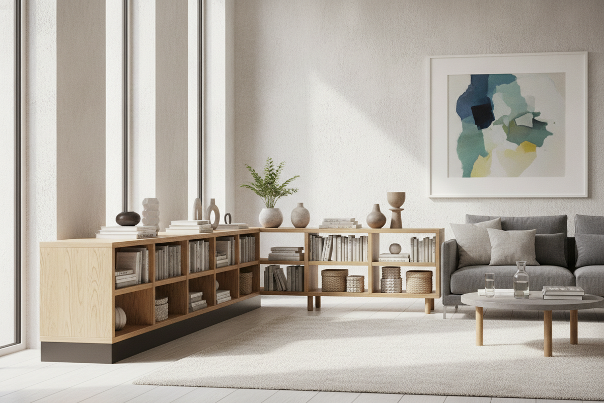 Low Bookcase Guide: Spatial Proportions, Base Styles, and Horizontal Storage Layouts