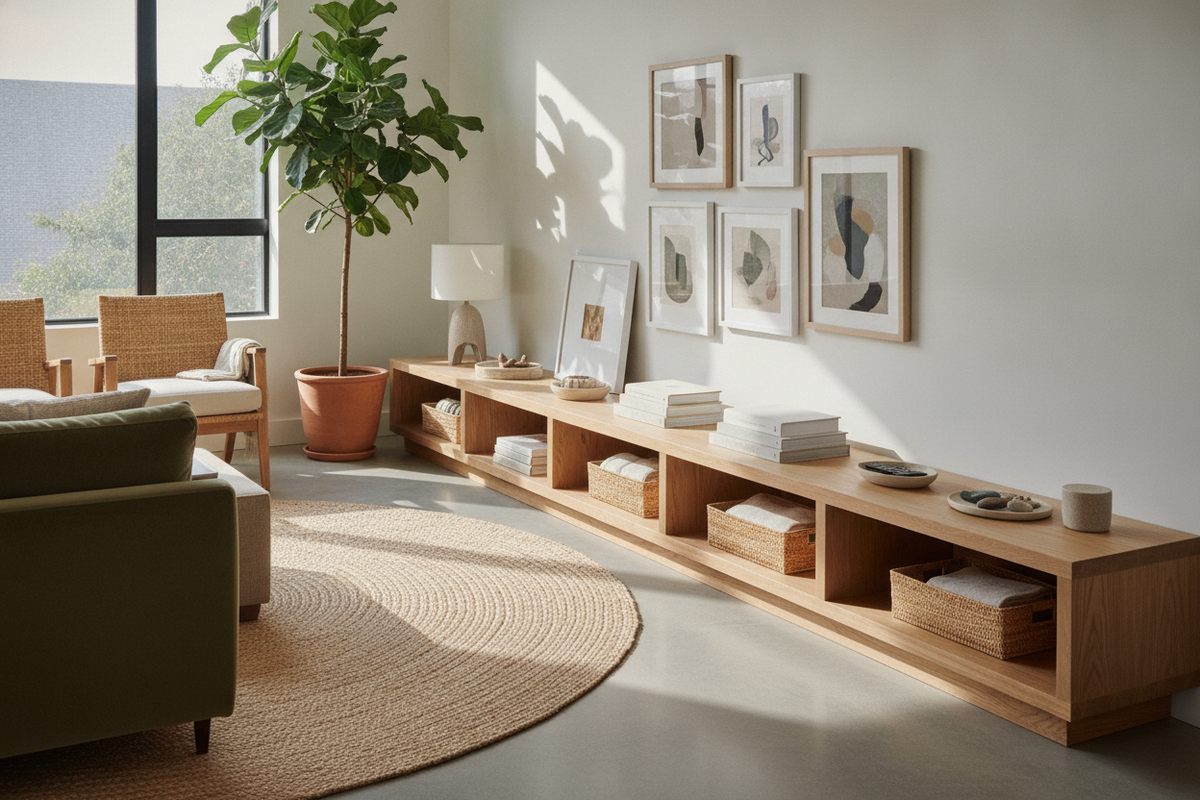 Low Wood Shelf Guide: Spatial Proportions, Wood Tones, and Horizontal Storage Strategies