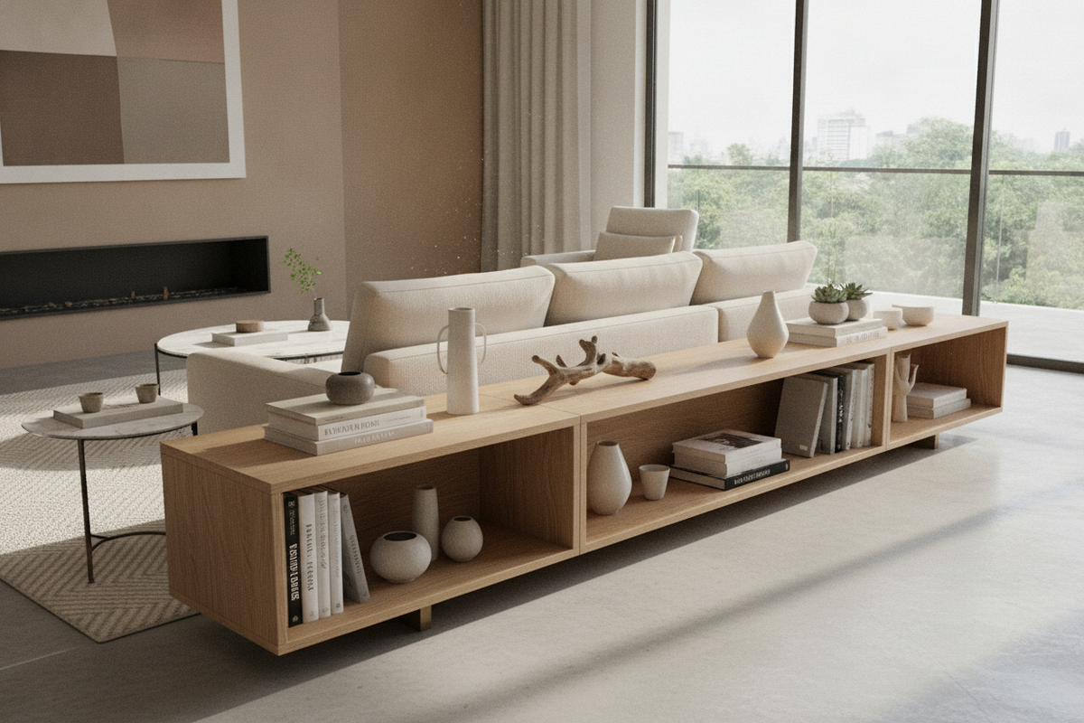 Low Lying Bookshelf Guide: Behind-Couch Layouts, Low Sightlines, and Horizontal Storage