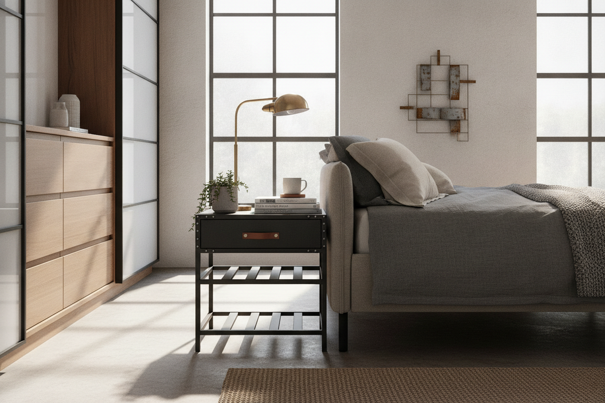 Metalwork Nightstand Styling Guide: Industrial Lines, Bedroom Sizing, and Storage Trade-Offs