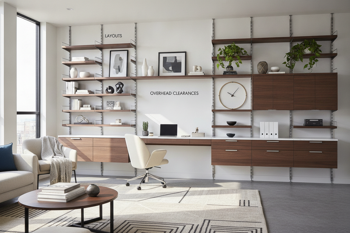 Desk Wall Shelves Guide: Layouts, Overhead Clearances, and Modular Workstation Storage