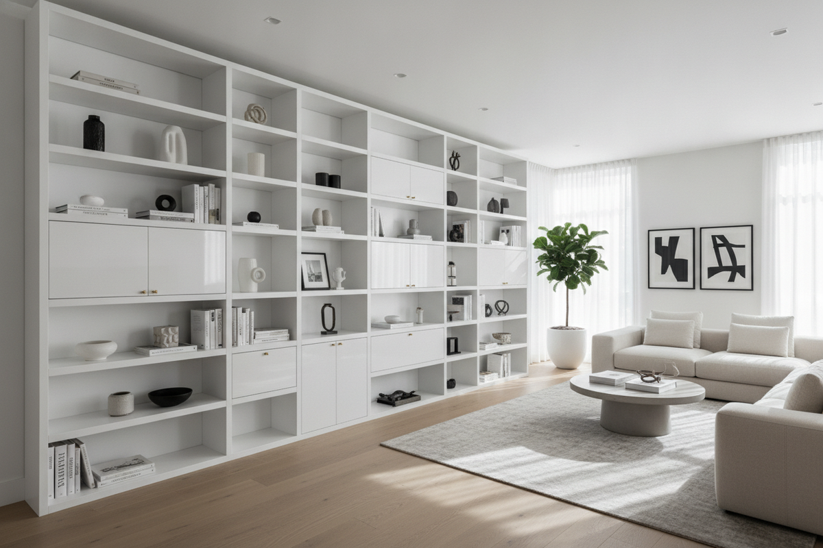 Contemporary White Bookcase Guide: Finishes, Closed Storage, and Room Proportions