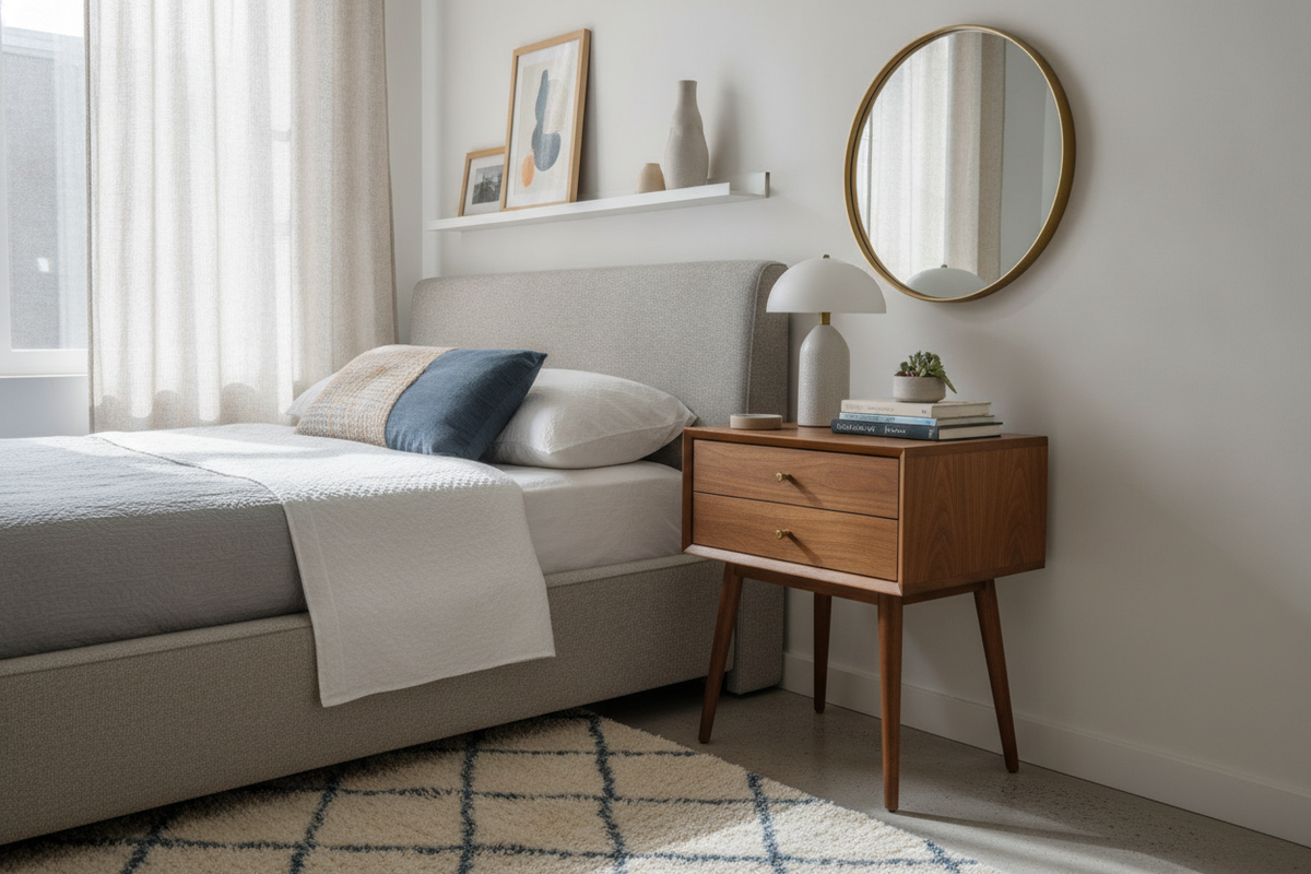 Narrow Mid Century Bedside Table Guide: Proportions, Storage, and Layouts for Small Bedrooms
