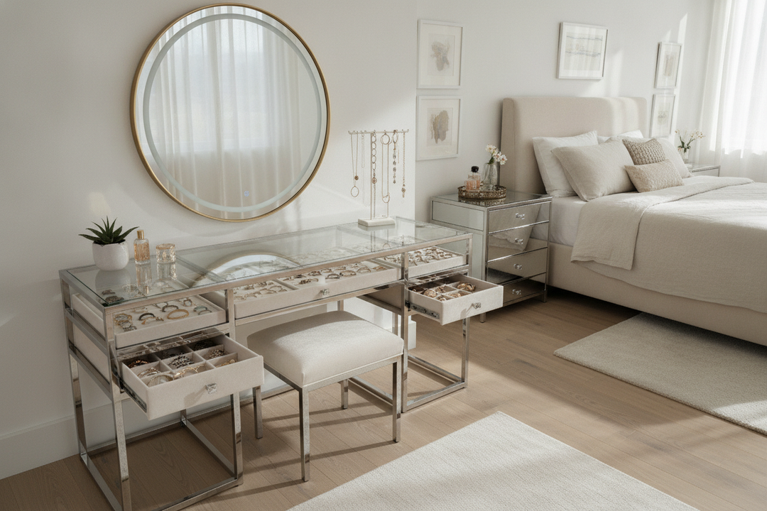 Glass Top Vanity Table Guide: Jewelry Visibility, Storage Layouts, and Bedroom Styling