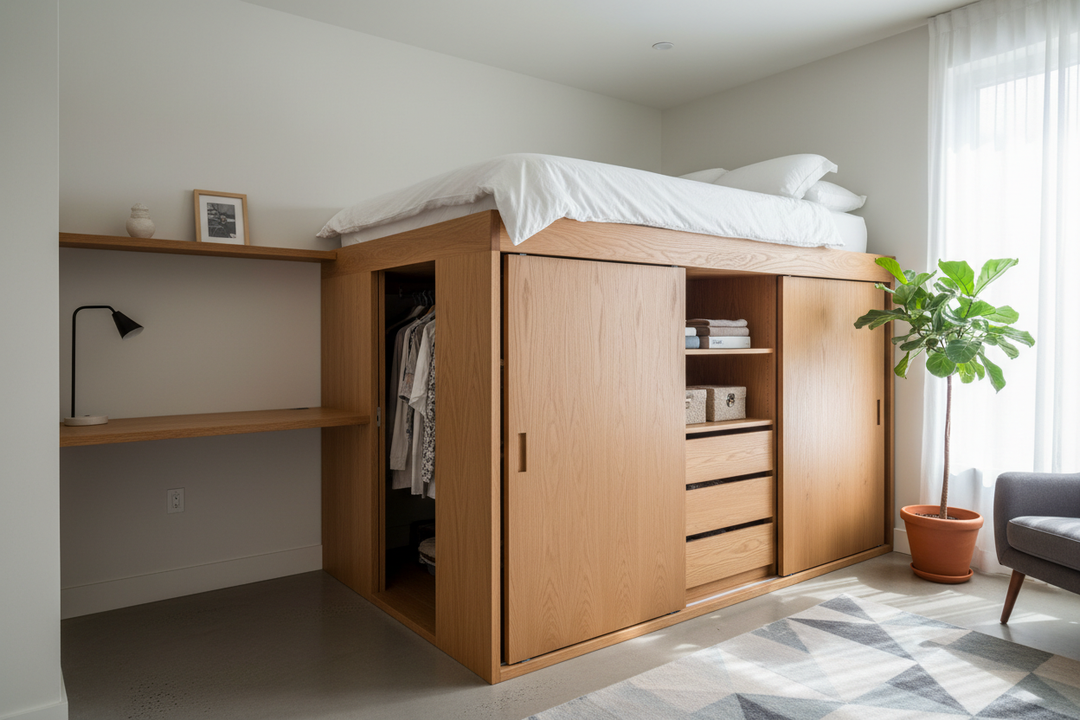 How to Fit a Bed with Built-in Closet Underneath into Small Rooms