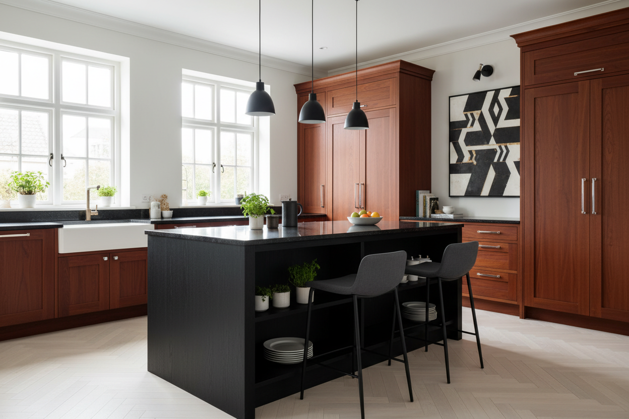 Styling Cherry Cabinets with a Black Island for Modern Luxury