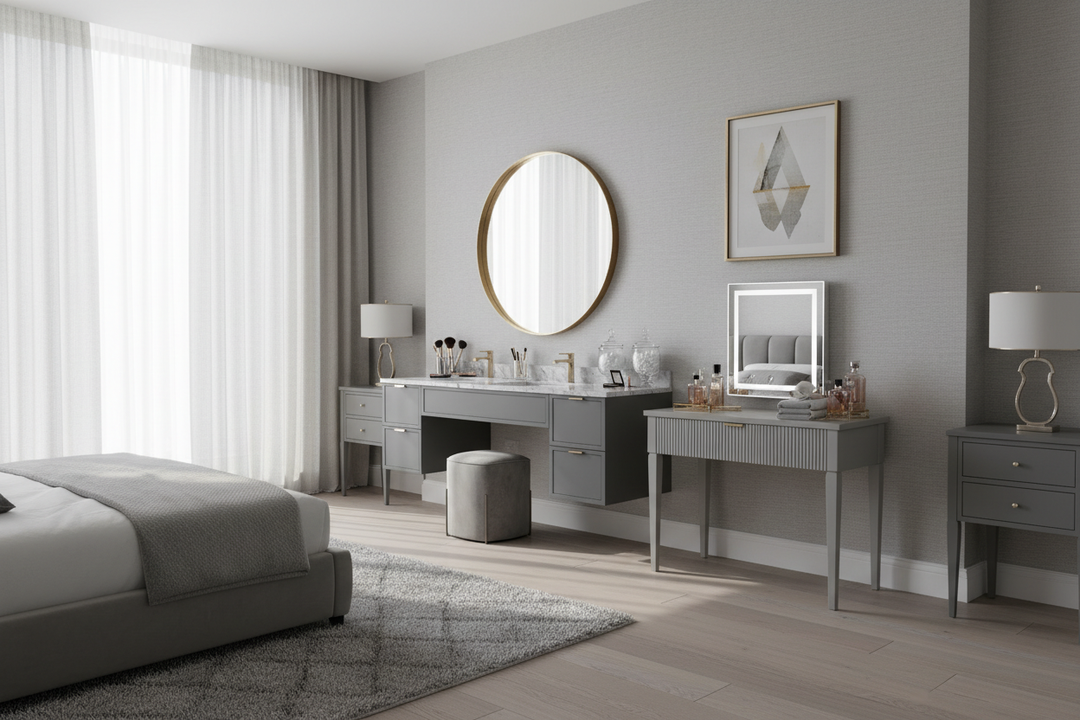 How to Style Grey Makeup Vanities for a Timeless Bedroom Look
