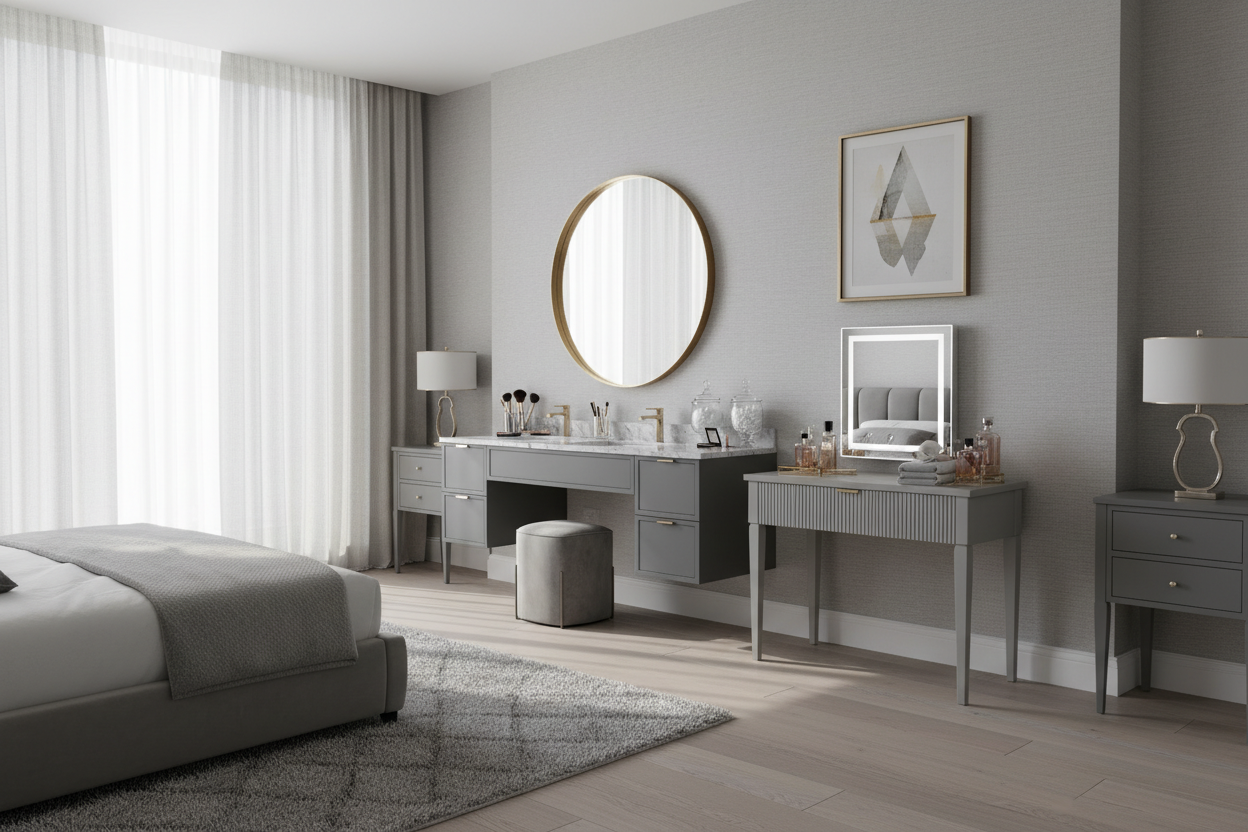 How to Style Grey Makeup Vanities for a Timeless Bedroom Look