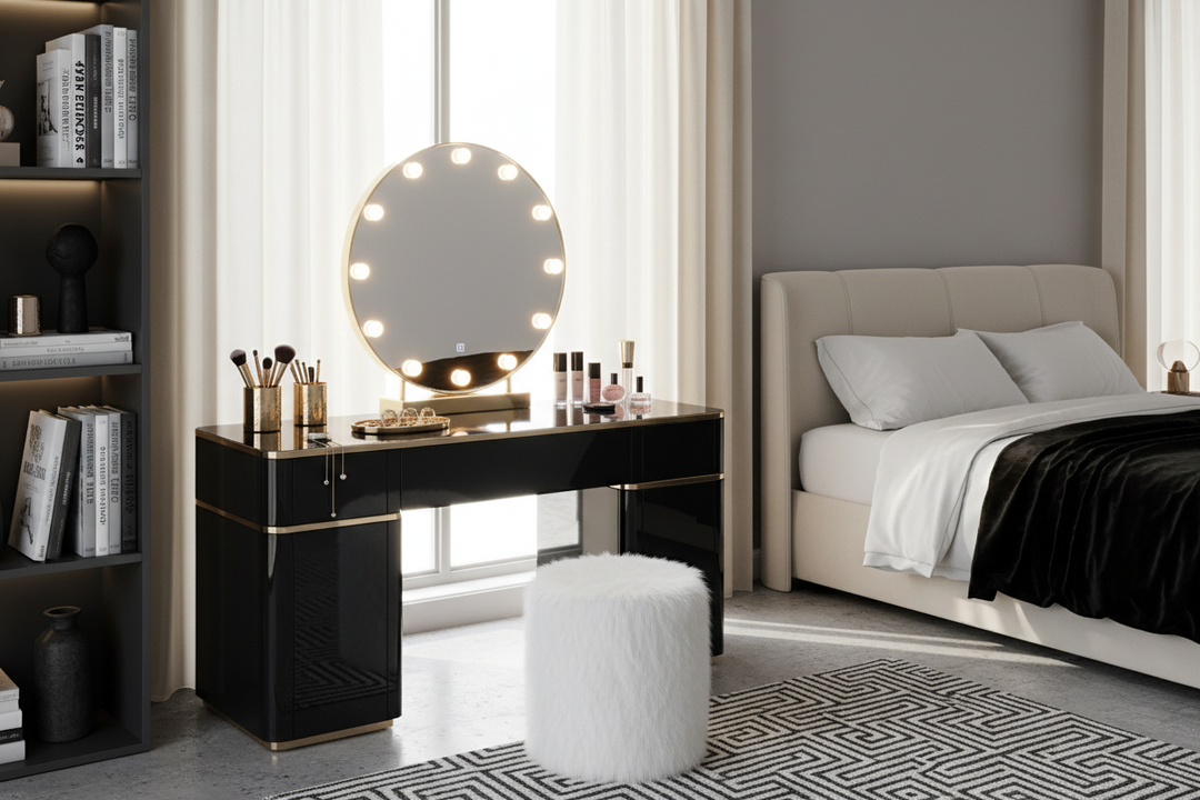Styling a Black Vanity Desk With Lights for a Luxe Look