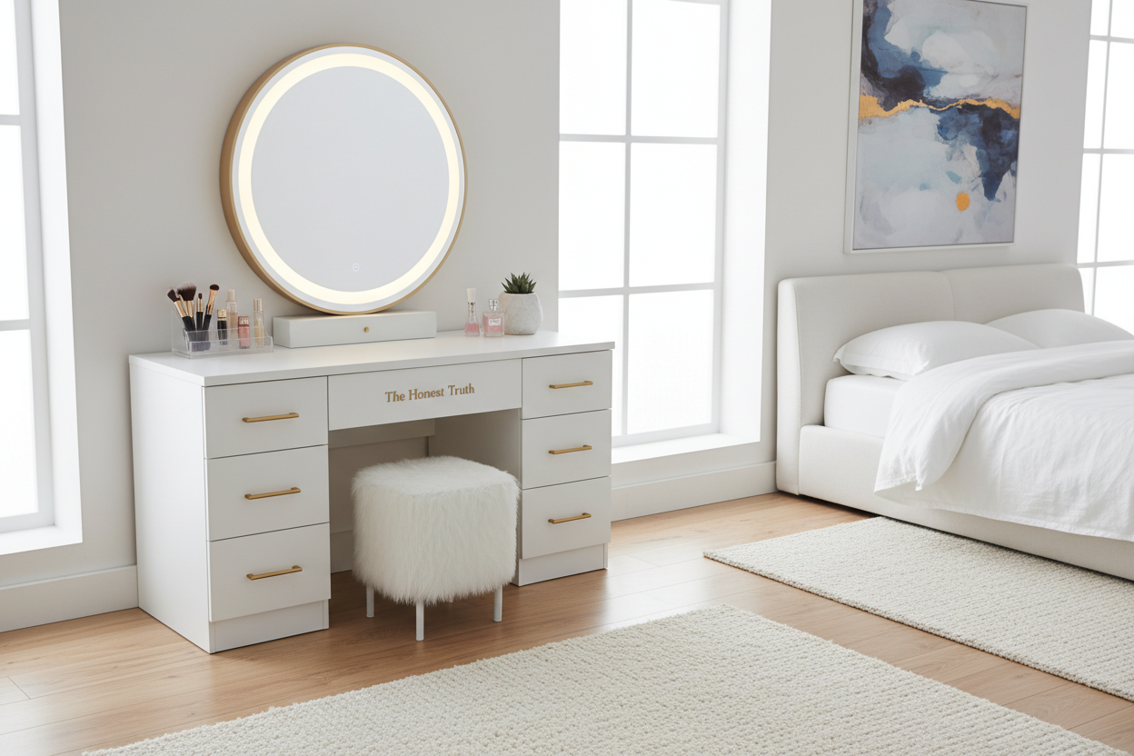 White makeup vanity desk with mirror and lights: The Honest Truth