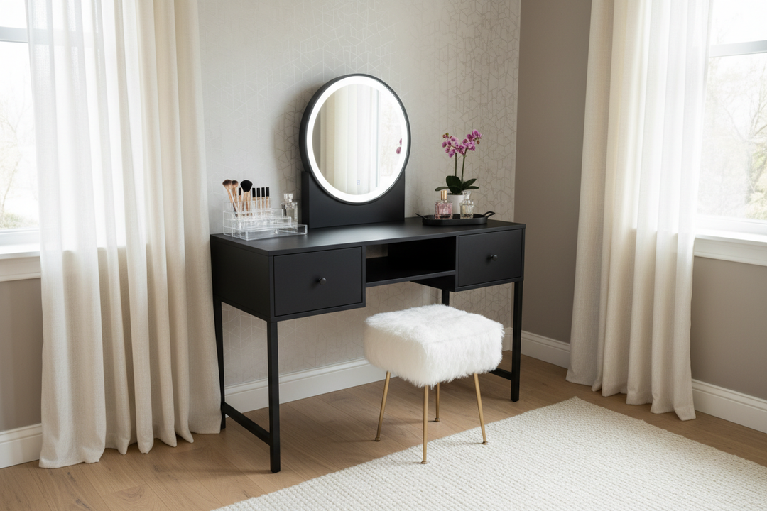 Styling a Black Makeup Vanity With Storage for a High-End Look