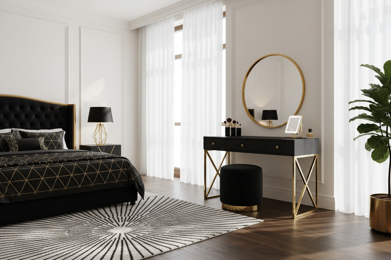 Black and Gold Makeup Vanity: Achieving a High-End Bedroom Look