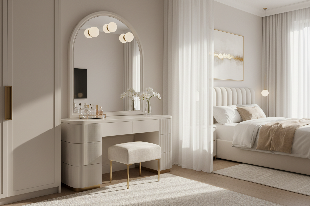 Styling an Off-White Makeup Vanity for a High-End Bedroom