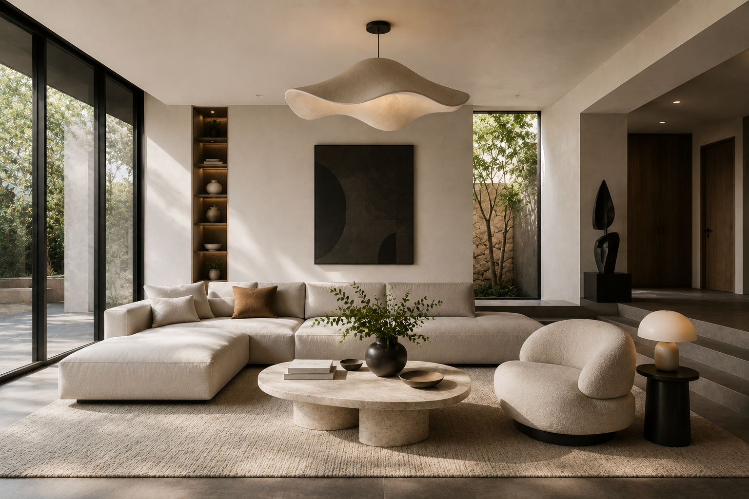 Side-by-side comparison of a mid-century modern living room and a current contemporary living room