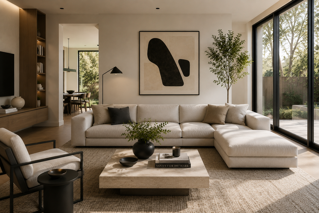 Modern living room with a low-profile sofa, sculptural coffee table, warm wood console, and a single statement light