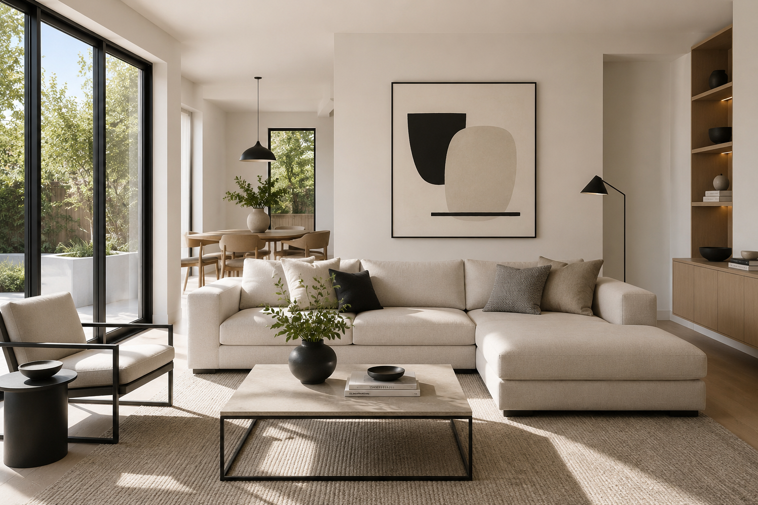 Modern living room with a low-profile sofa, clean architectural lines, neutral palette, and warm wood accents