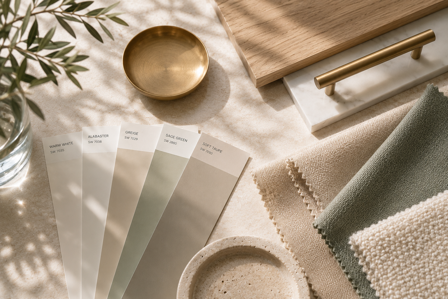 Transitional color palette swatches in cream, greige, taupe, warm wood, dusty blue, sage green, and charcoal