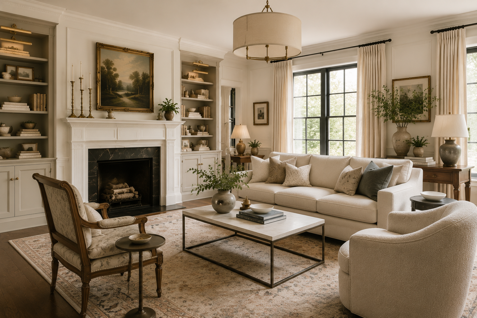 Side-by-side comparison of a formal traditional living room and a lighter transitional living room