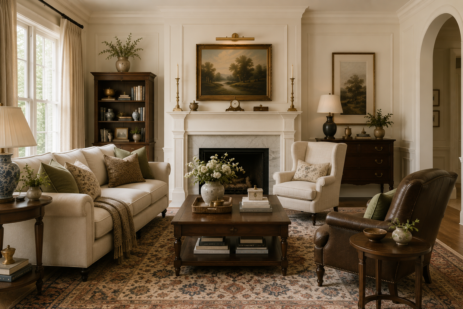 Traditional living room with a symmetrical layout, tufted sofa, wingback chairs, and a fireplace focal point