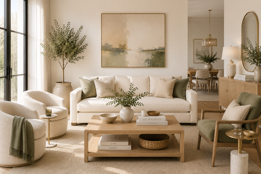 Transitional living room with a curved neutral sofa, mixed wood and metal tables, layered rugs, and a sculptural light fixture