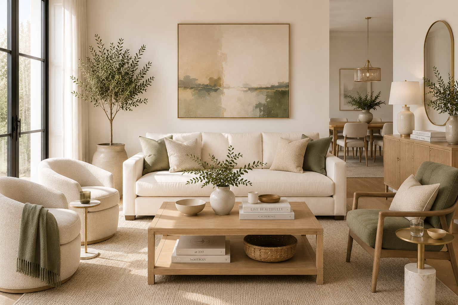 Transitional living room with a curved neutral sofa, mixed wood and metal tables, layered rugs, and a sculptural light fixture