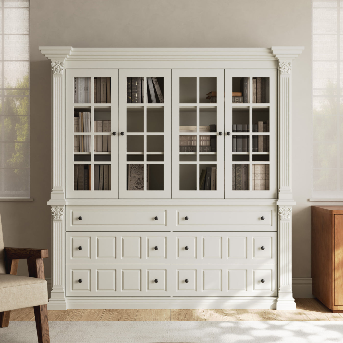 75'' 6-Drawer Symmetric Bookcase With Glass Doors