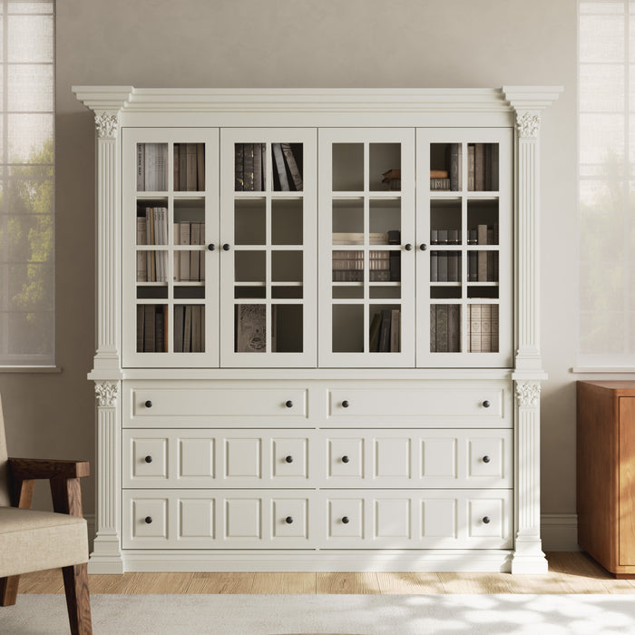 75'' 6-Drawer Symmetric Bookcase With Glass Doors