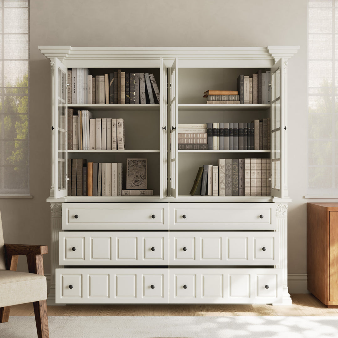 75'' 6-Drawer Symmetric Bookcase With Glass Doors