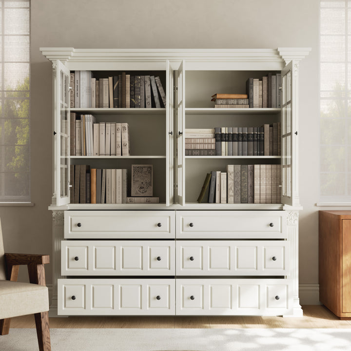 75'' 6-Drawer Symmetric Bookcase With Glass Doors