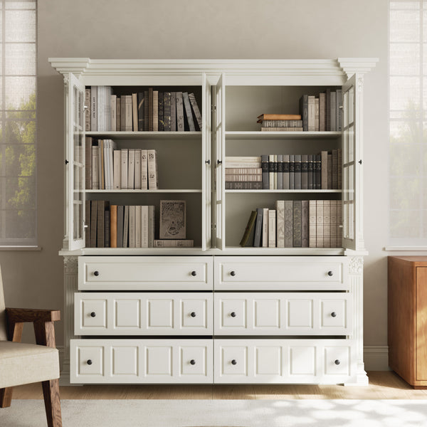 75'' 6-Drawer Symmetric Bookcase With Glass Doors