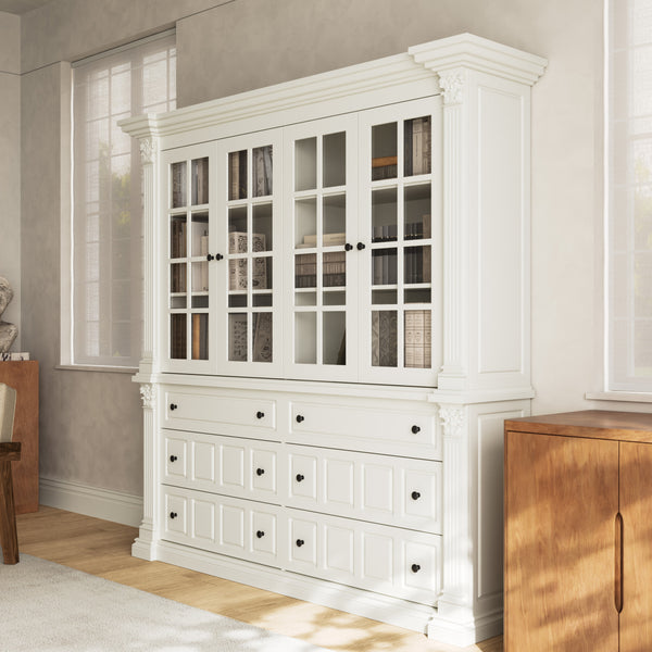 75'' 6-Drawer Symmetric Bookcase With Glass Doors