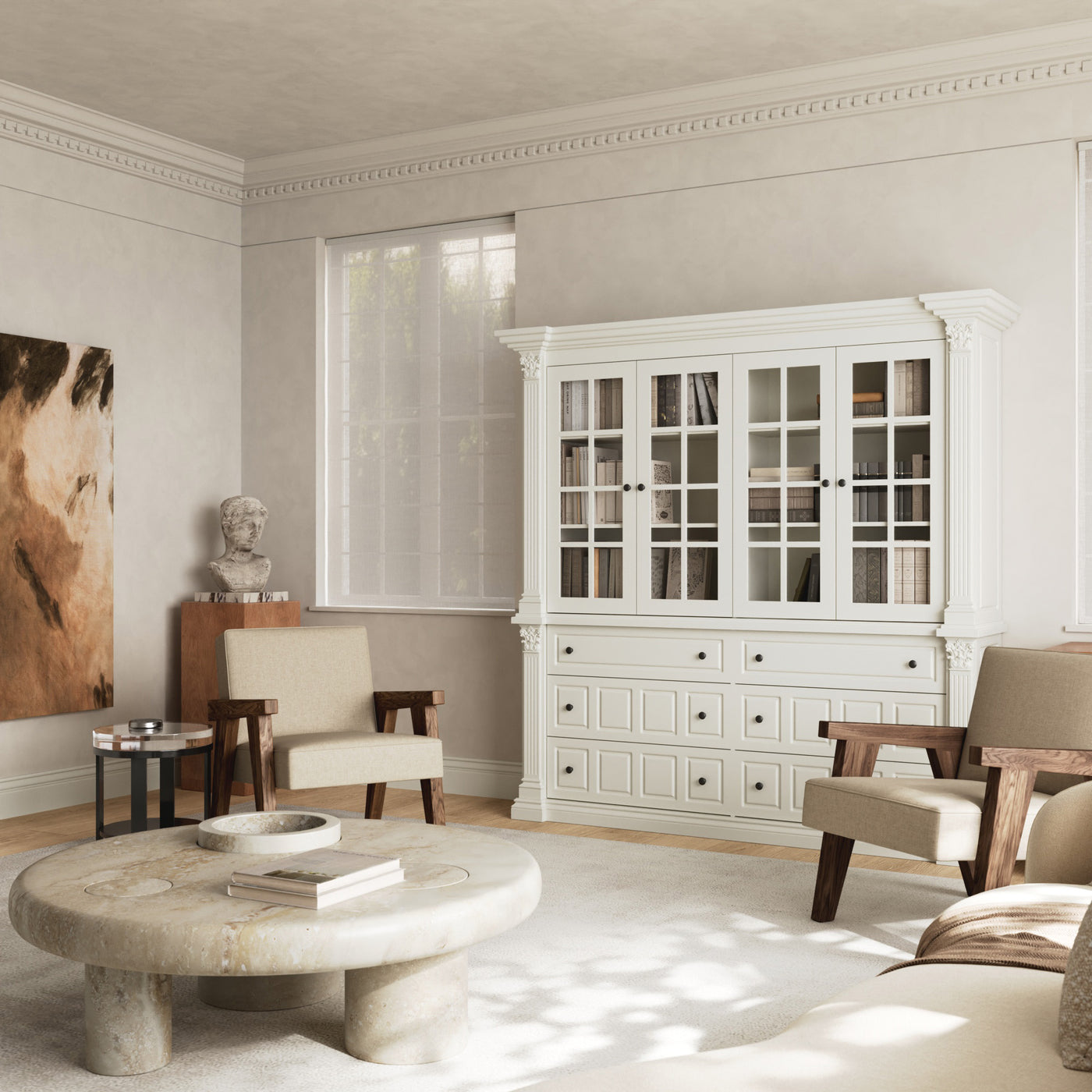 75'' 6-Drawer Symmetric Bookcase With Glass Doors