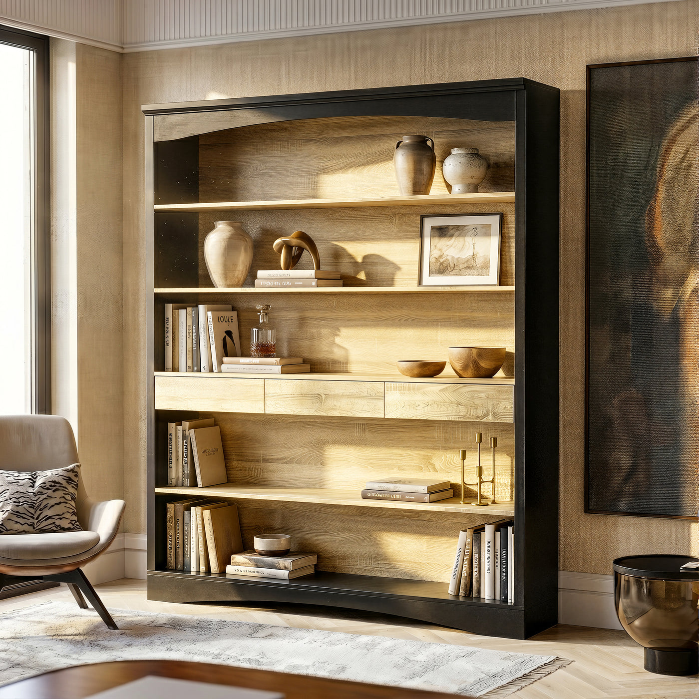 Bookcase and Display Cabinet with 5 Shelves and 3 Drawers