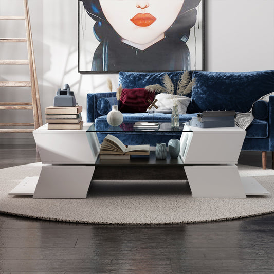 47.2" L Modern Coffee Table in Stylish X Shape with Glass Top