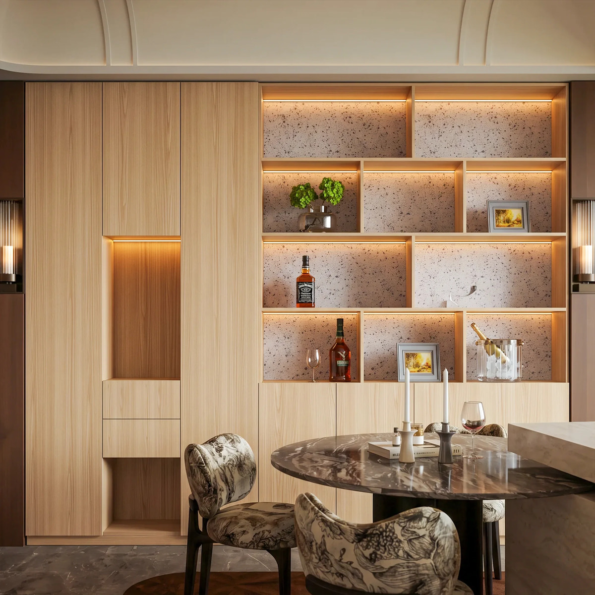 Modular Display Cabinet Set with LED-Lit Shelves and Drawers