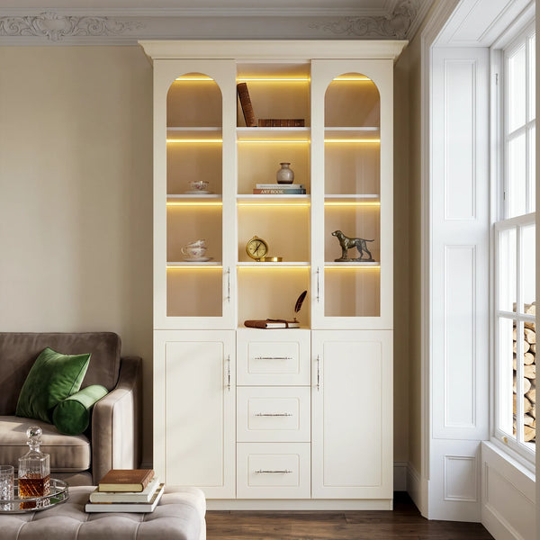Arched Display Cabinet with Glass Doors and Multi-Functional Storage