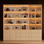Bookcase Storage Cabinet Set with LED Lighting and Glass Doors-Natural