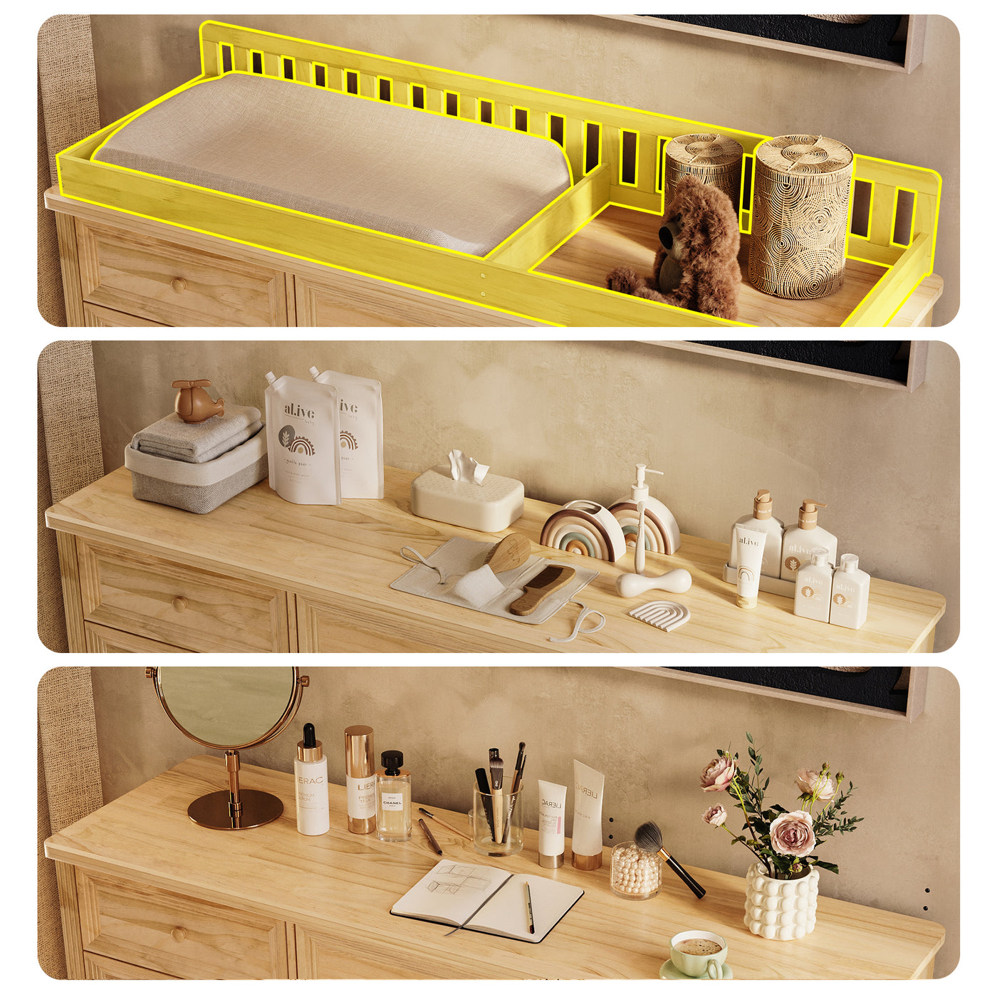 Solid Wood Changing Table with 9 Drawers