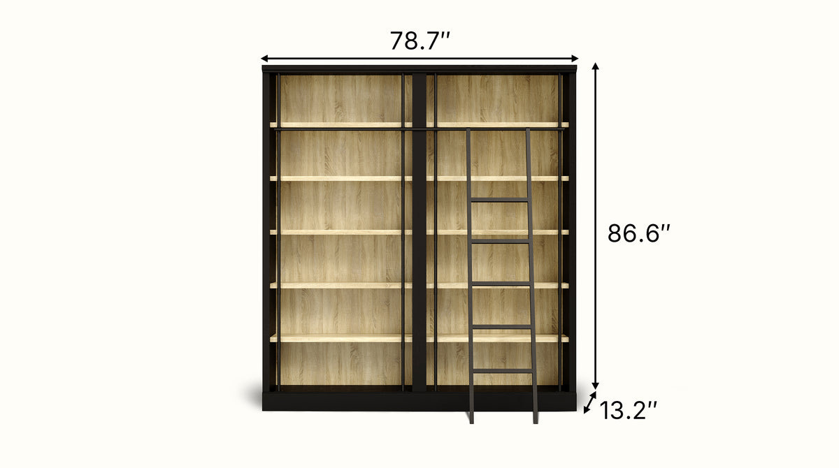Double Bookcase with Rolling Ladder and 6-Tier Shelves