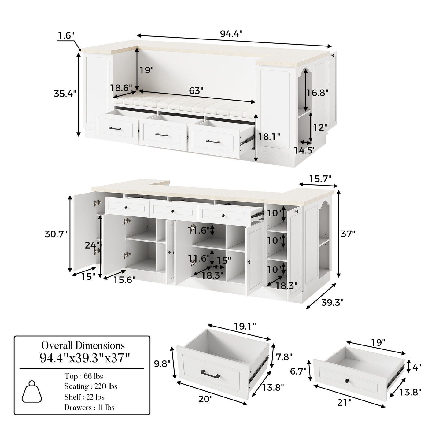 Kitchen Island with Built-in Bench & Storage