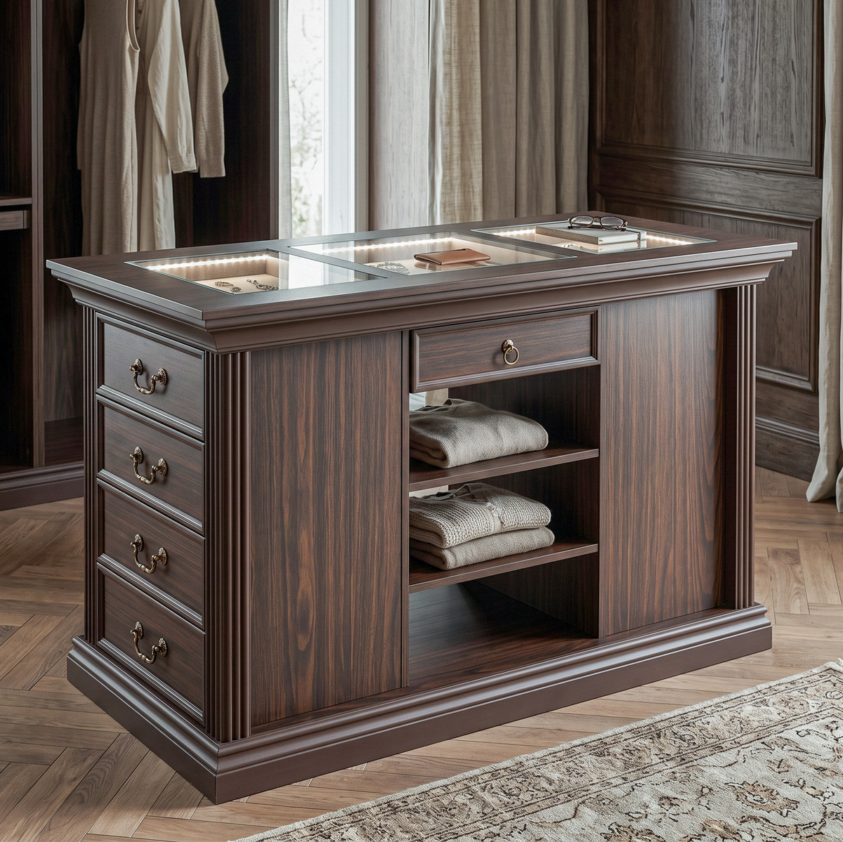Jewelry Island with Glass Display Top and Storage Drawers - Walnut Brown