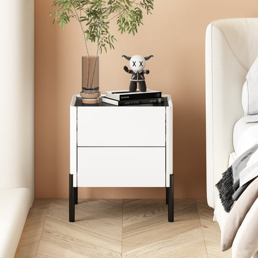 White Glass End Table,Nightstand with 2 Drawers