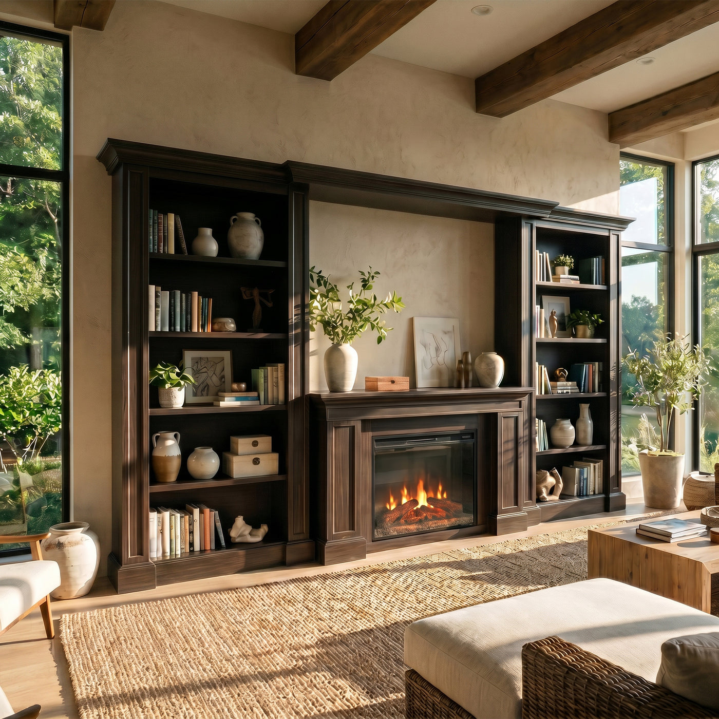 Traditional Entertainment Center with Built-In Electric Fireplace and Bookshelves