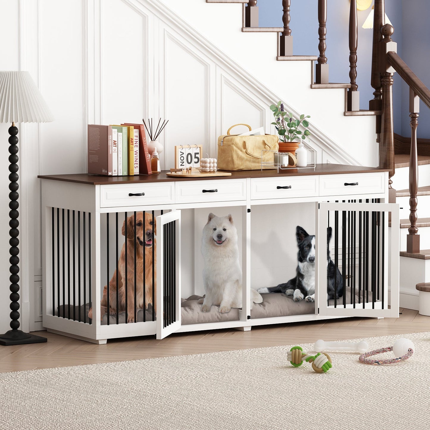 Large Dog Crate Furniture with 4 Drawers and Divider