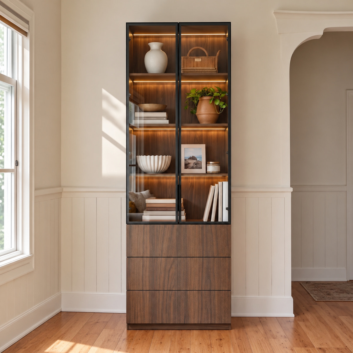 2-Door Glass Display Cabinet with 3 Drawers and LED Lighting