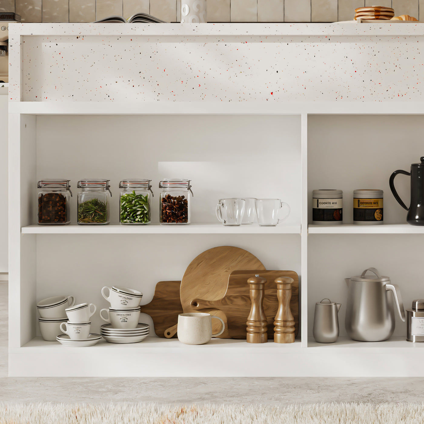 Modern Double-Sided Kitchen Island with Pull-Out Tabletop and Open Shelving